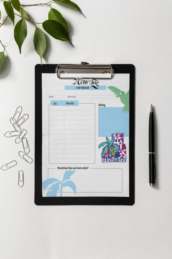Tagesplaner auf Clipboard mit Illustration zum Thema Kölner Südstadt